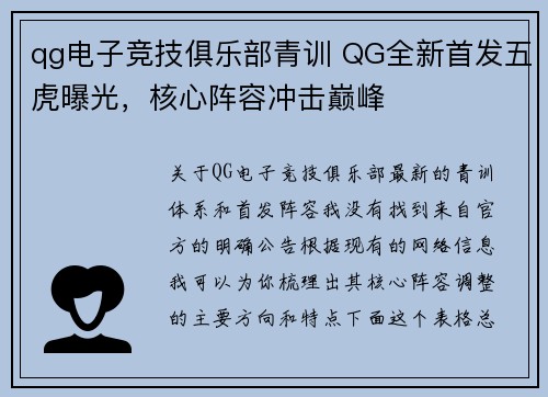 qg电子竞技俱乐部青训 QG全新首发五虎曝光，核心阵容冲击巅峰